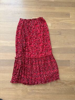 Ganni Red Floral Pleated Midi Skirt